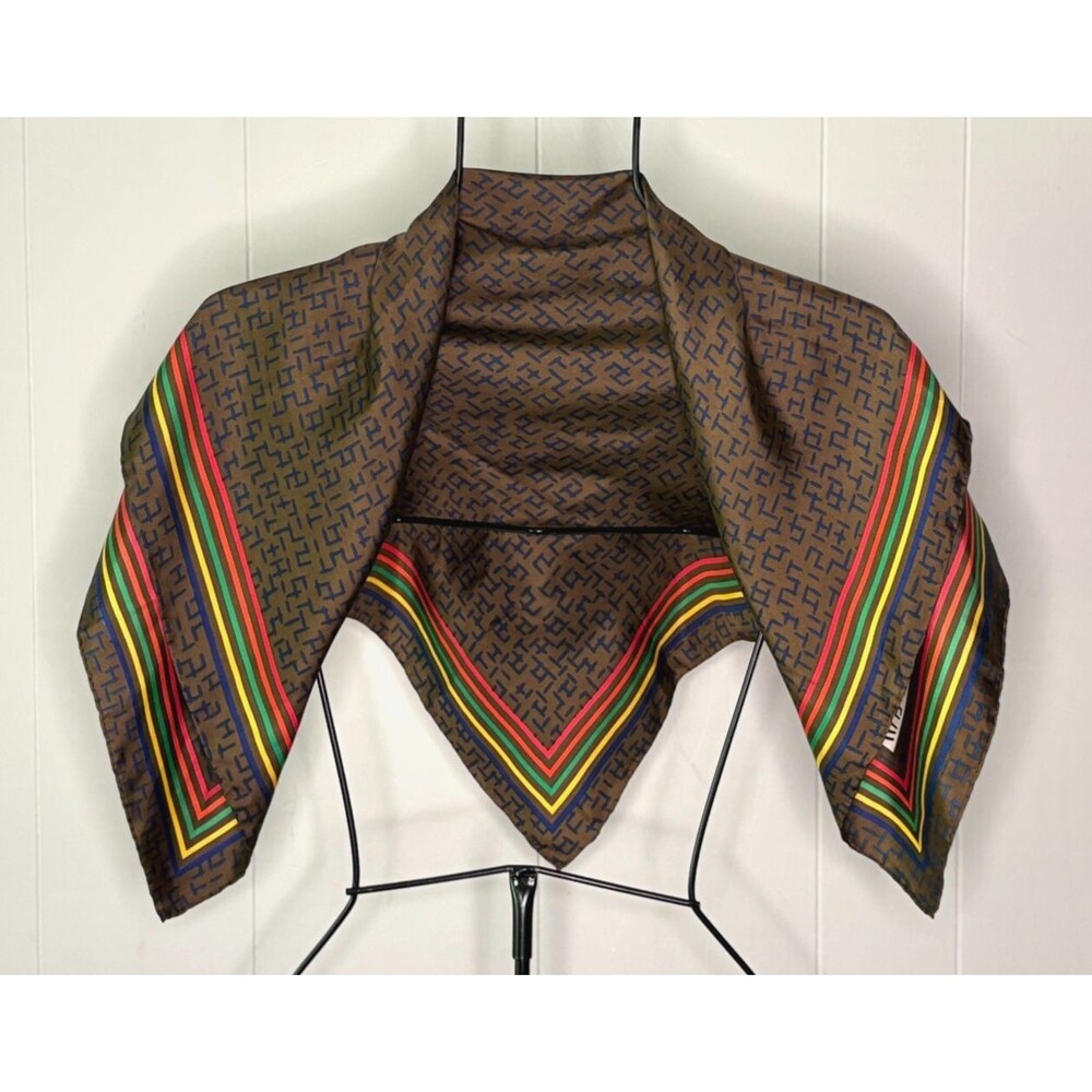 Iconic Vintage Bill Blass‎ Brown Taupe Rainbow Stripes Silk Scarf Bordered